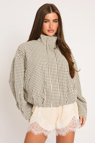 Beige Check Bomber Jacket - Gemma | Rebellious Fashion