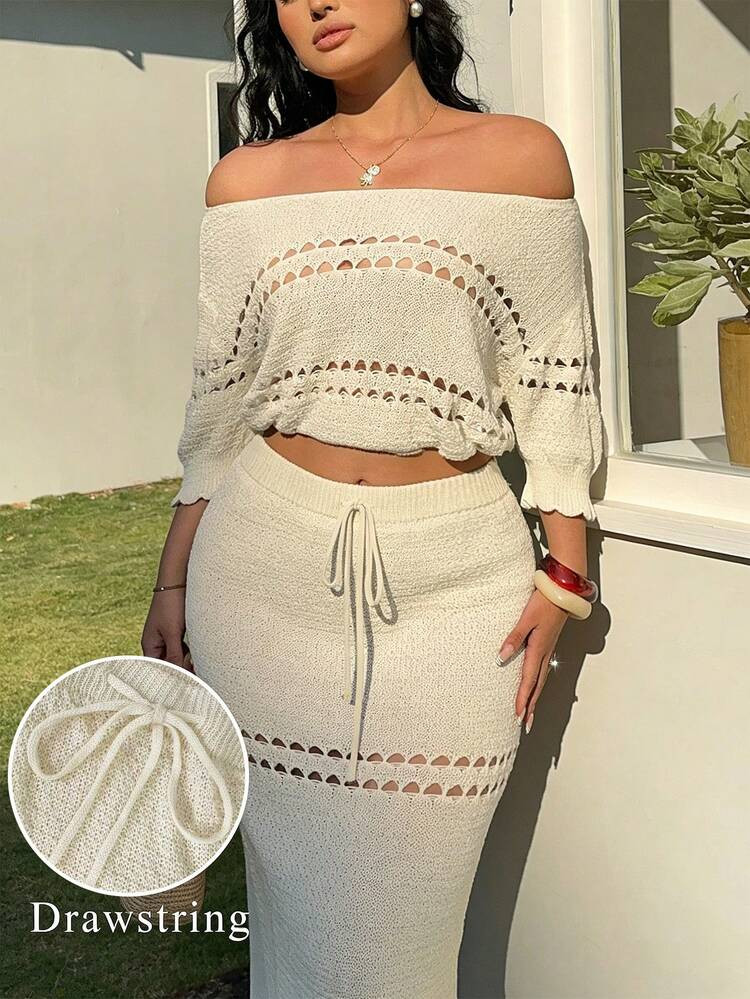 Sunnyshic Plus Size Women's White Sommar Vacation Holiday Bohemian Off-Shoulder Hollow-Out Ruffle... | SHEIN