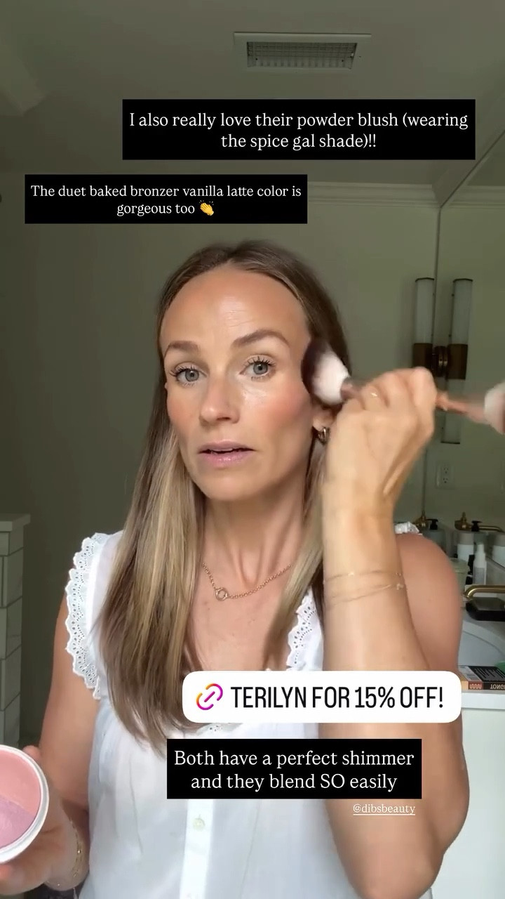 I also really love their powder blush (wearing the spice gal shade)!! The duet baked bronzer vanilla latte color is gorgeous too 👏 Both have a perfect shimmer and they blend SO easily @dibsbeauty

#LTKBeauty