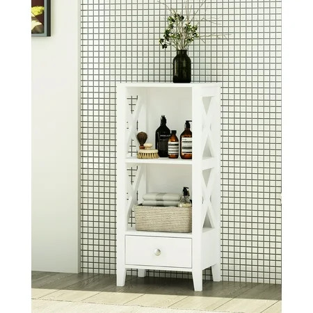 Spirich Home Modern X- Frame Freestanding Floor 3-Shelf Bathroom Storage Tower with Single Drawers,  | Walmart (US)