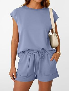 LILLUSORY Womens Crew Neck Cap Sleeve Drawstring Two Piece Summer short Sets Sweatsuit with Pocke... | Amazon (US)