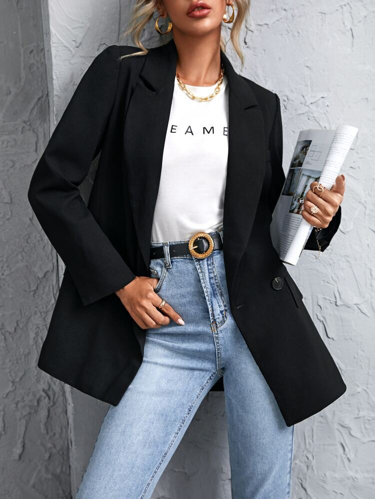 Lapel Neck Double Button Slit Back Blazer | SHEIN