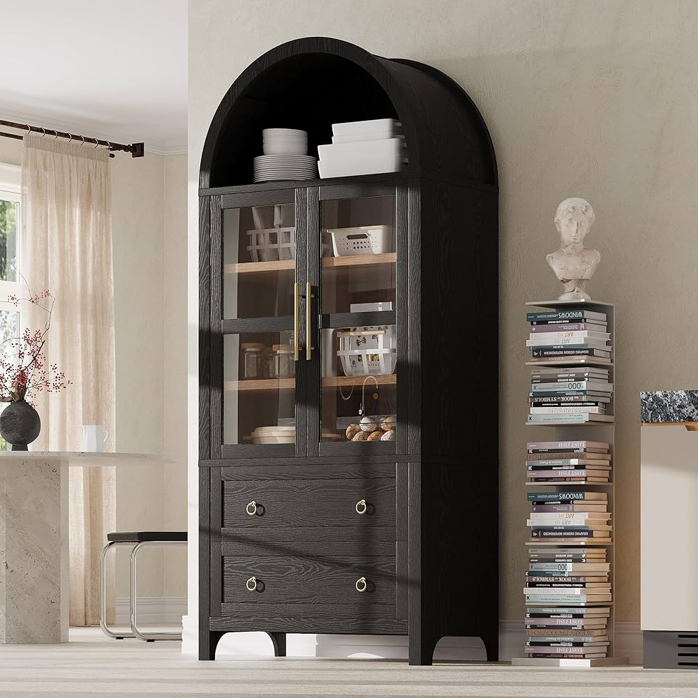 Merax 71" Tall Arched Kitchen Pantry Cabinet, Farmhouse Storage Cabinet with Drawers, Glass Doors... | Amazon (CA)