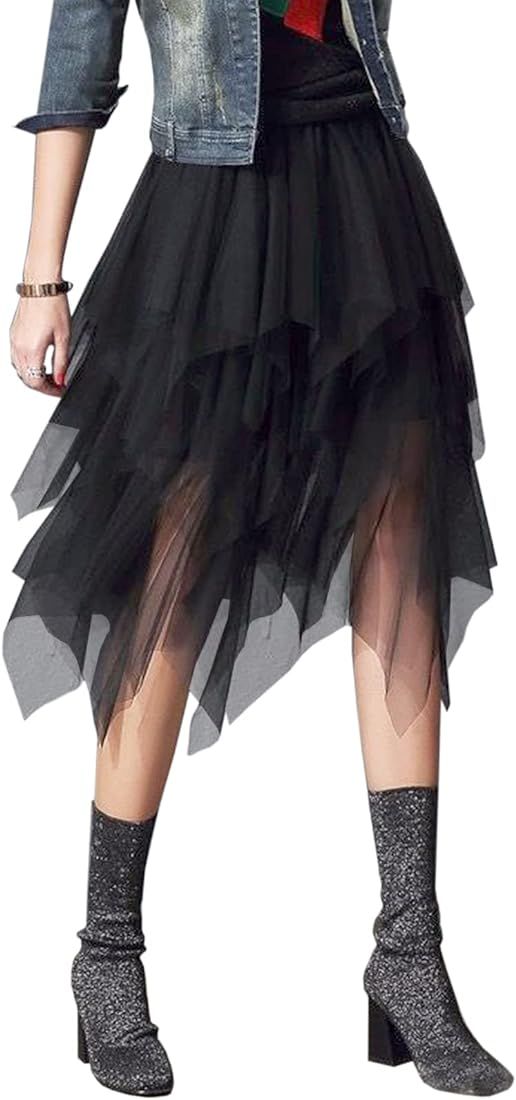 Tulle Skirts for Women 3 Layered High Low Asymmetrical Midi Length Elastic Waist Mesh Tutu Skirts | Amazon (US)