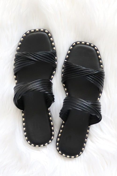 Ribbed Two Band Twisted Studded Sandals Slides-Black | Fashion Junkee