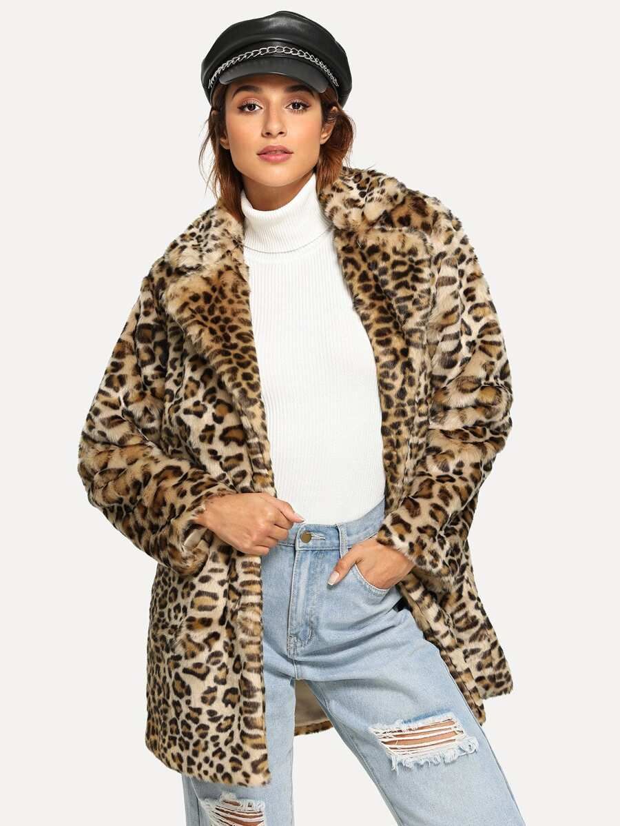 Notch Collar Leopard Faux Fur Coat | SHEIN