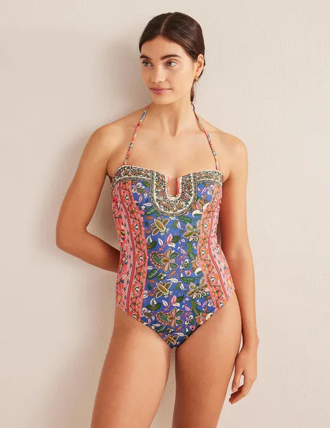 U-bar Halterneck Swimsuit - Delft, Paisley Vine | Boden US | Boden (US)