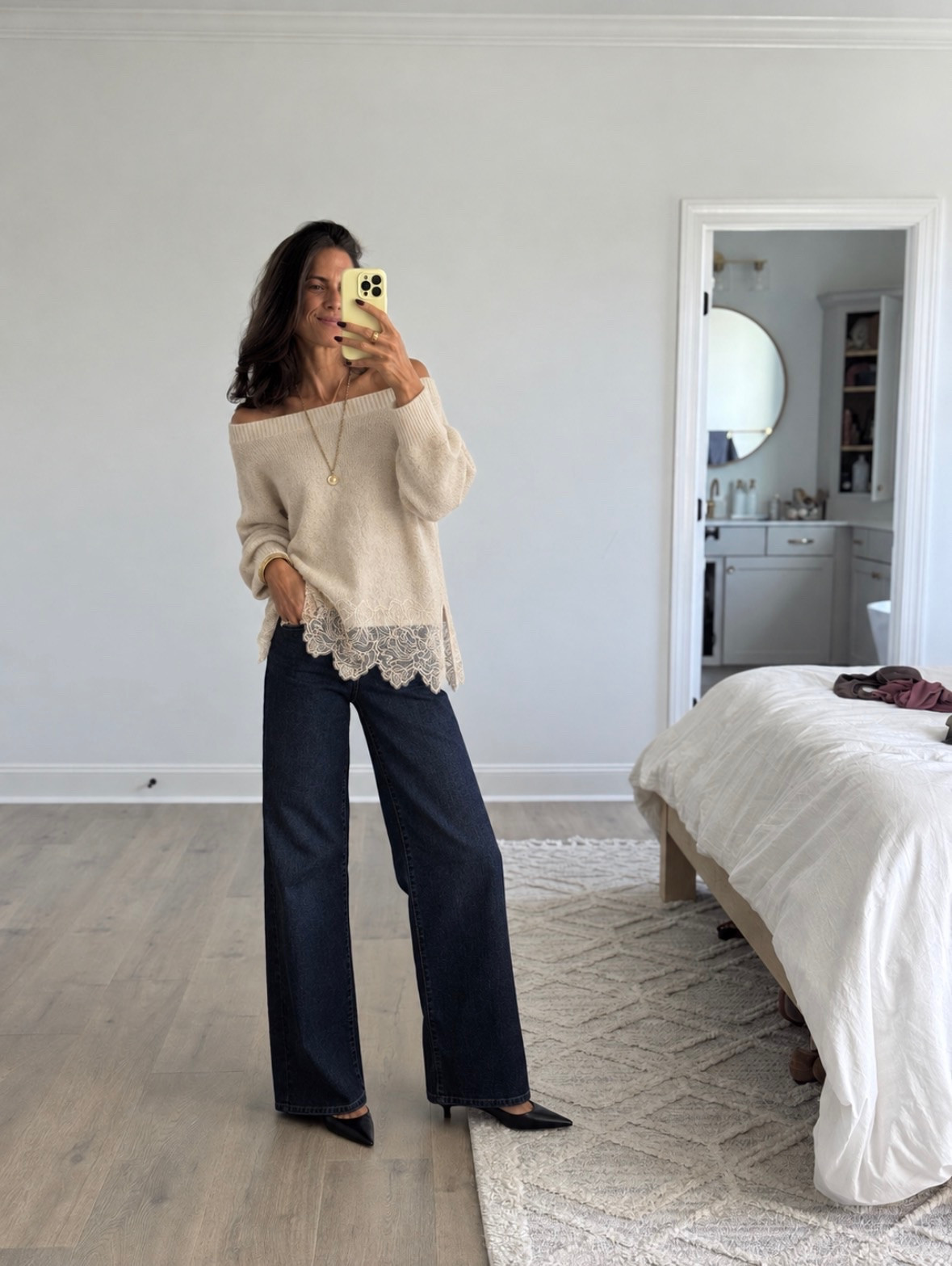 Fall dressing at its best 🤎 A cozy lace-trim sweater, dark denim, and a pointed heel—the easiest combo for looking put together without trying too hard. Save this one for your next fall outfit idea! 🍂

#LTKSeasonal #LTKmomlife #LTKootd