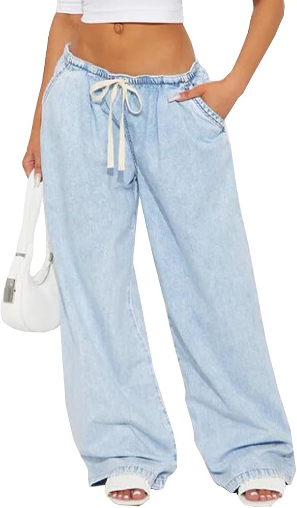 Women's Pull-On Wide Leg Jeans - Elastic Waist Baggy Denim Pants with Drawstring | Amazon (US)