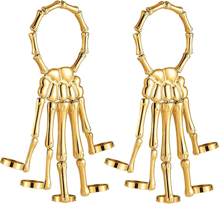 Hicarer 2 Pieces Halloween Skull Skeleton Hand Bracelet with Ring Metal Hand Bangle Bracelet Skul... | Amazon (US)