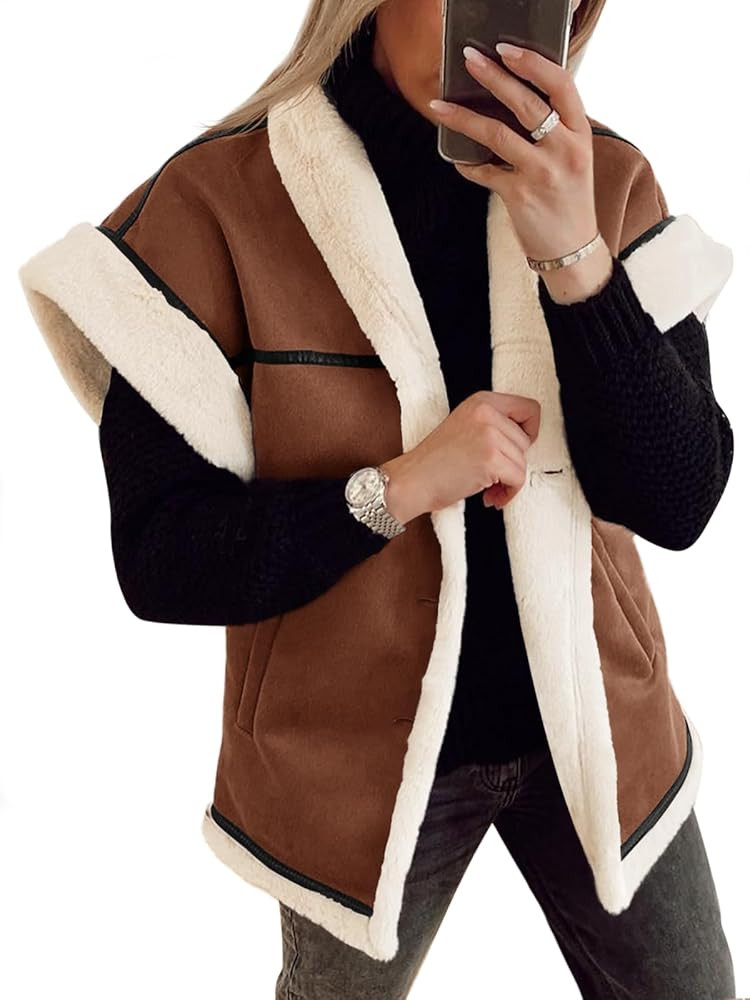 Cicy Bell Womens Suede Sherpa Vest Faux Fur Shearling Jacket Oversized Cap Sleeve Button Down Win... | Amazon (US)