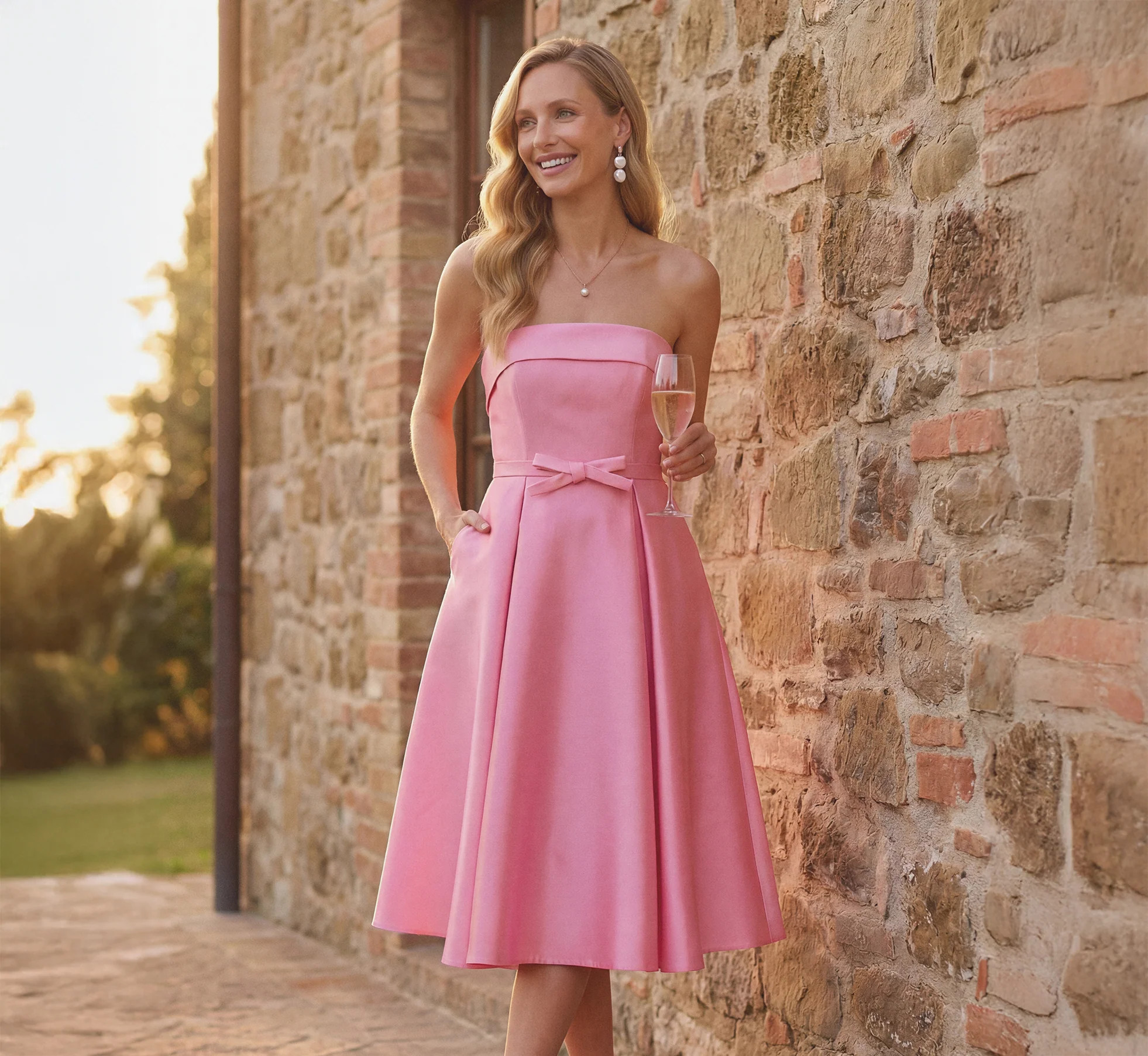 Strapless Bow Waist Mikado Midi Dress In Cherry Blossom | Adrianna Papell