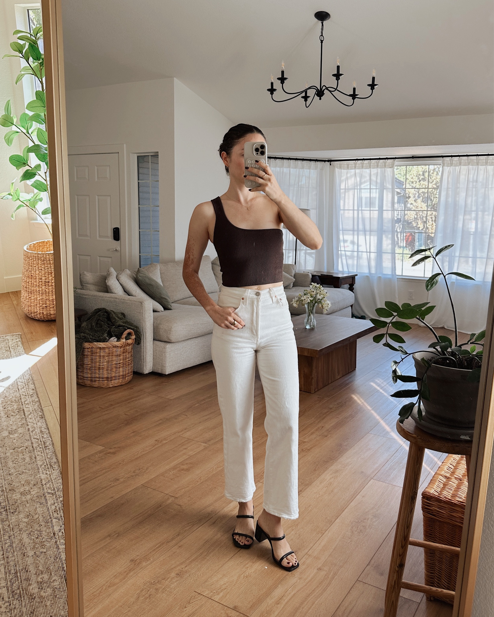 An easy outfit that always makes me feel put together! 🤎 The top is a great price. 

Quince dark brown one shoulder asymmetrical top (S) | White ribcage jeans Levi’s (24) | Black double strap block heel sandals

#LTKFindsUnder50 #LTKFindsUnder100