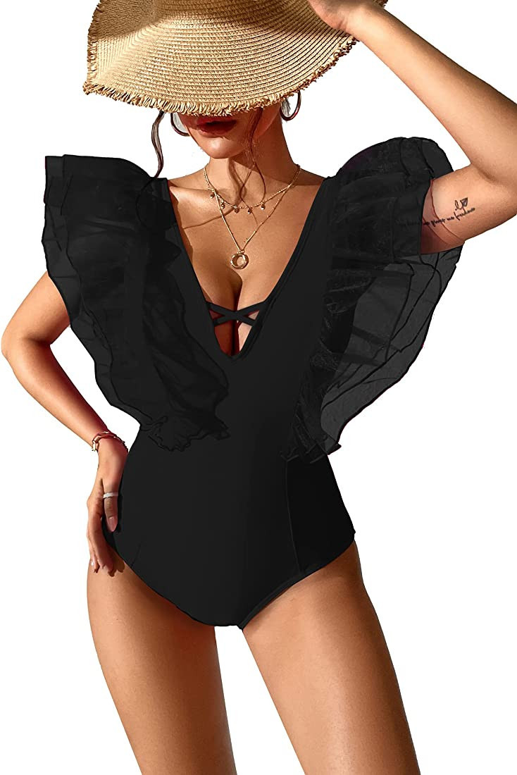 SPORLIKE Women One Piece Swimsuit Organza Ruffle V Neck Bathing Suit | Amazon (US)