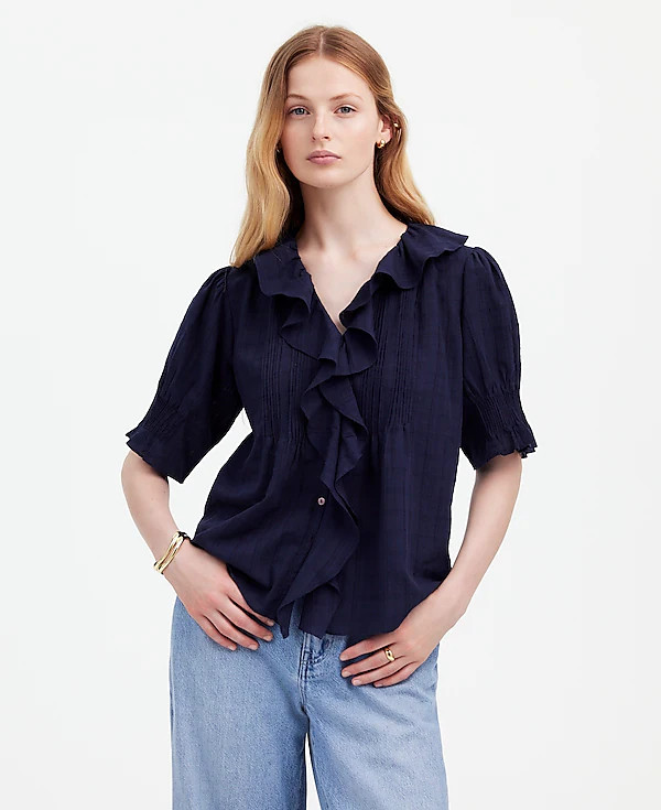 Ruffle Puff-Sleeve Peplum Top in Windowpane | Madewell | Madewell