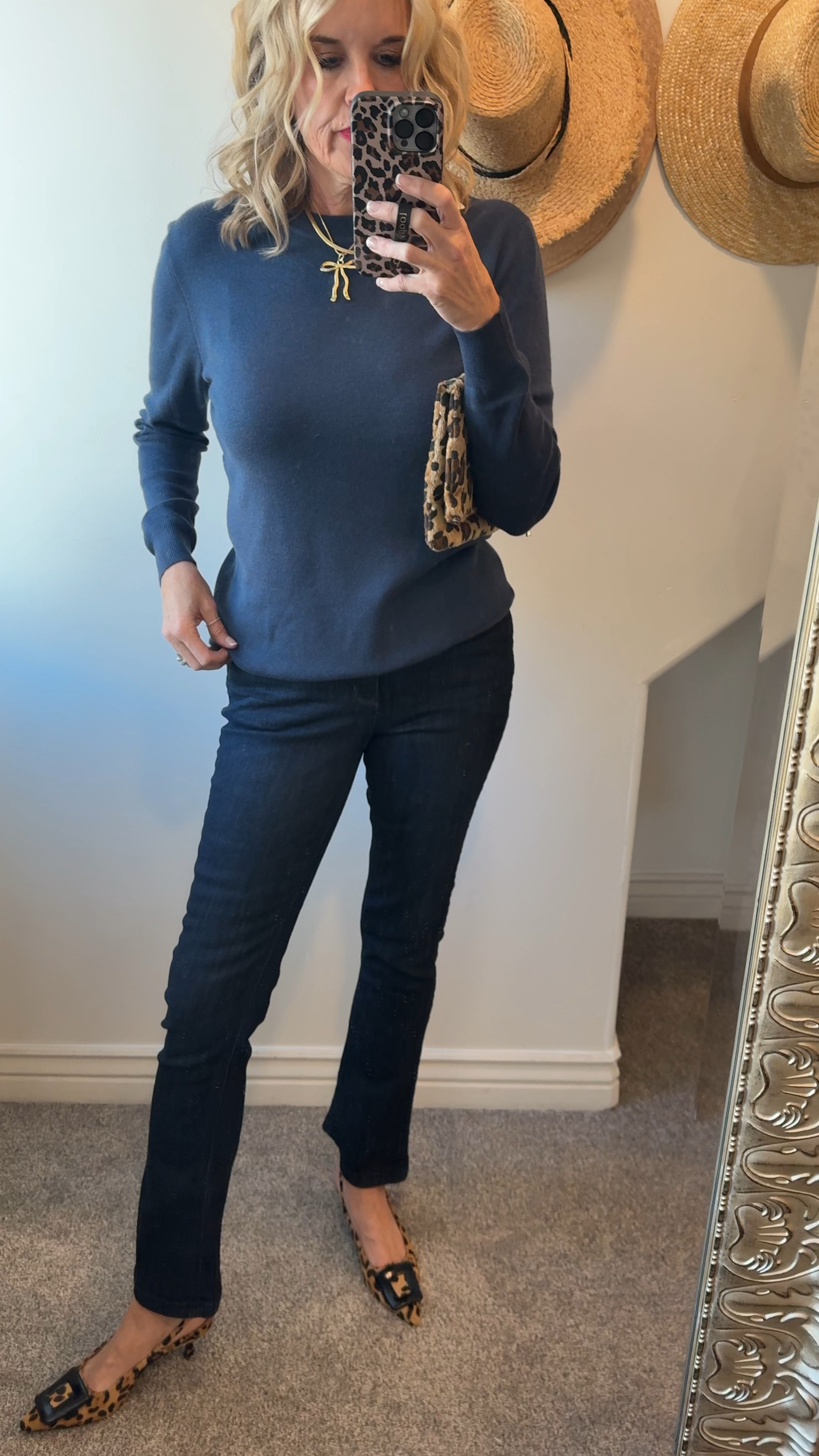 Amazon find

The crew neck sweater that feels like cashmere without the price!!

Several colors available and fits tts. Great gift idea🎁

Pants wit and wisdom fits tts I wear the 4 dark was and feels like premium denim at an affordable price 

Leopard clutch old from Nordstrom 
Linked similar 

Leopard kitten heels with lard buckle. Tts  

Necklaces Allie & Bess gold bow necklace and chain 

Amazon find -designer inspired earrings on Black Friday sale $7-9

#LTKGiftGuide #LTKCyberWeek #LTKSaleAlert