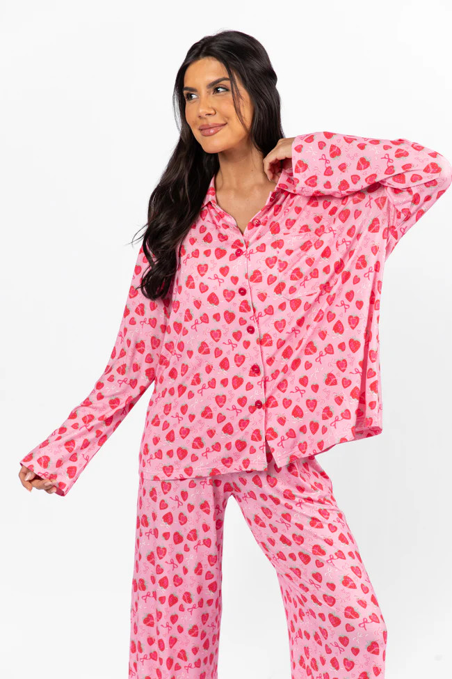 Sweet Dreams Strawberry Hearts Long Sleeve Pajama Top | Pink Lily