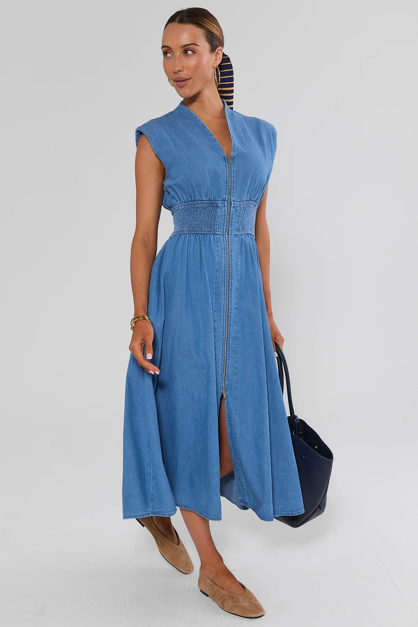 Collins Medium Wash Zip Up Midi Dress | Avara