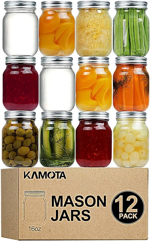 KAMOTA Mason Jars 16 OZ With Regular Lids and Bands, Ideal for Meal Prep, Jam, Honey, Wedding Fav... | Amazon (US)