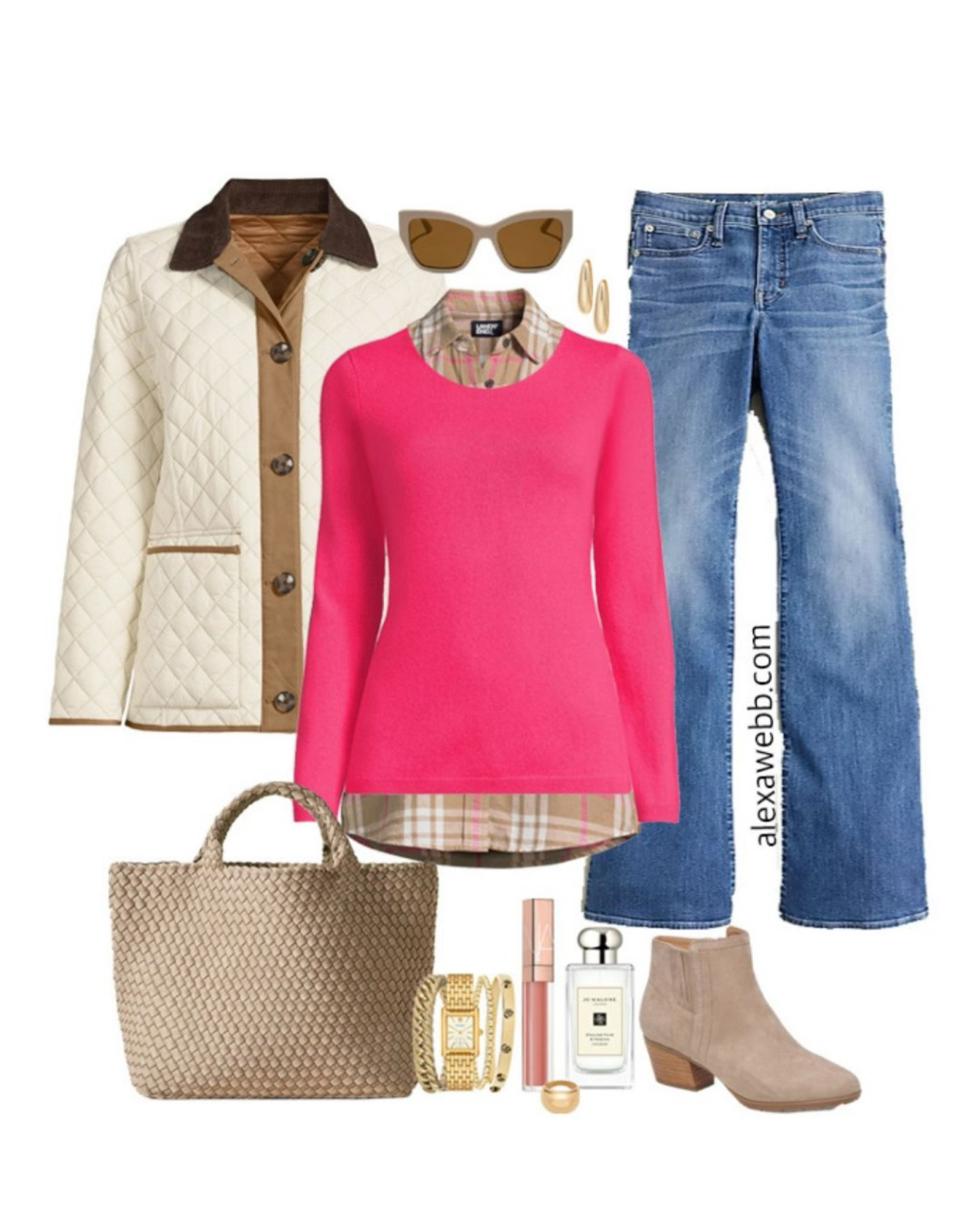 Plus Size Flannel & Pink Sweater Outfits - A plus size casual outfit for fall into winter with a hot pink cashmere sweater, plaid flannel shirt, bootcut jeans, trendy woven tote bag, and ankle booties. Top with a barn jacket as needed. Alexa Webb #plussize

#LTKStyleTip #LTKSeasonal #LTKPlusSize