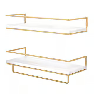 5.71 in. D x 15.7 in. W x 2.28 in. H Gold-White Floating Shelves with Towel Rack (Set of 2) | The Home Depot