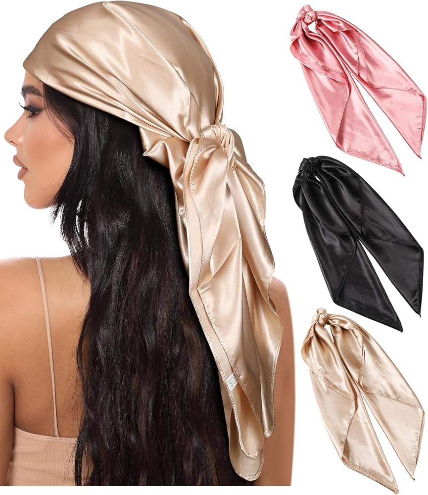AWAYTR 35” Large Square Satin Head Scarf - 3Pcs Satin Hair Scarves Silk Bandana Scarf Headscarf... | Amazon (US)