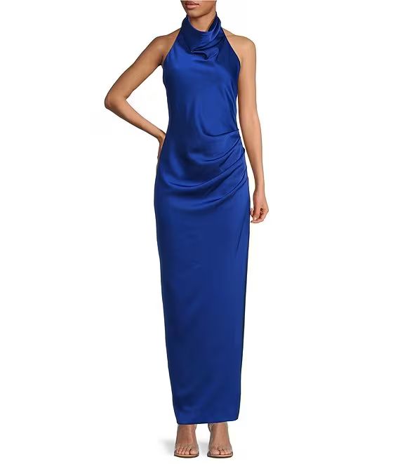 Yelena Satin High Mock Neck Sleeveless Long Sheath Dress | Dillard's