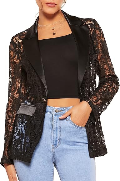 WDIRARA Women's Floral Lace Mesh One Button Lapel Neck Long Sleeve Elegant Jacket Blazer | Amazon (US)
