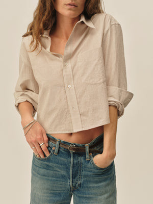 Cocoa Brown Typewriter Stripe Mainstay Cotton Cut-Off Long Sleeve Button Down | Buck Mason