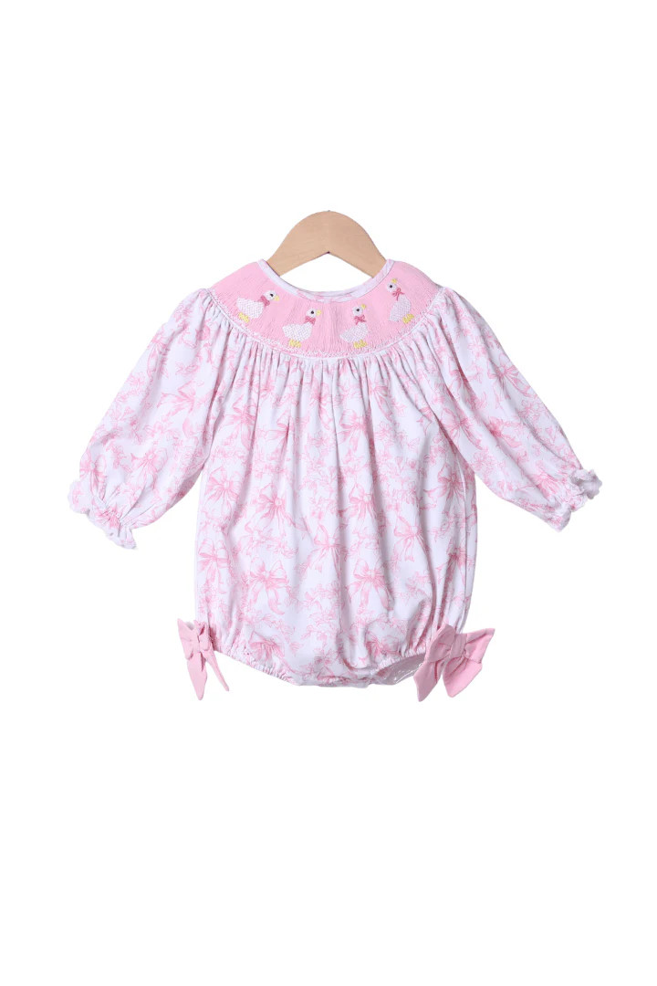 Smocked Sweet Goose Pink Bow Long Sleeve Bishop Bubble | The Smocked Flamingo