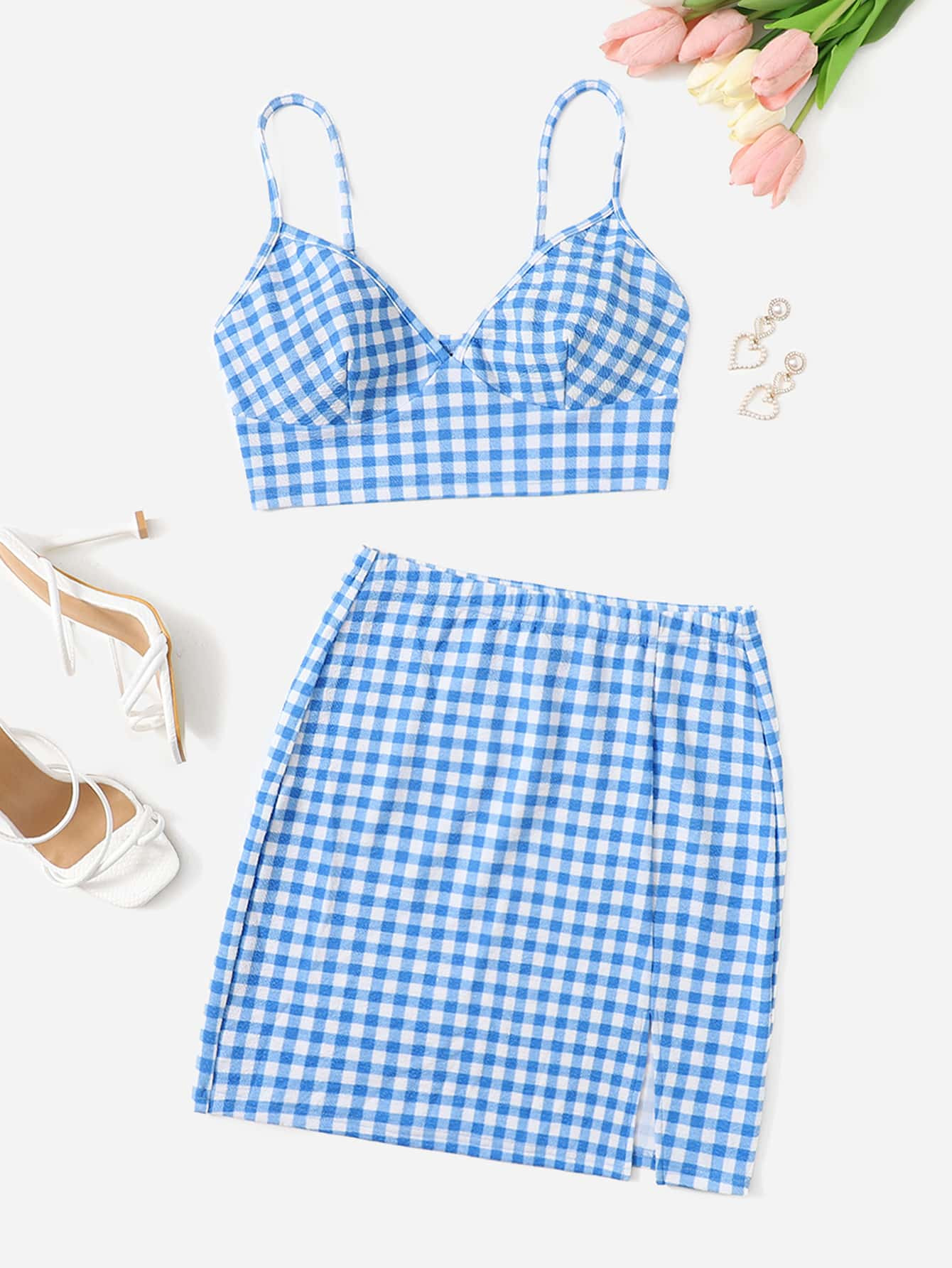 SHEIN VCAY Gingham Bustier Crop Cami Top & Split Hem Skirt Set | SHEIN