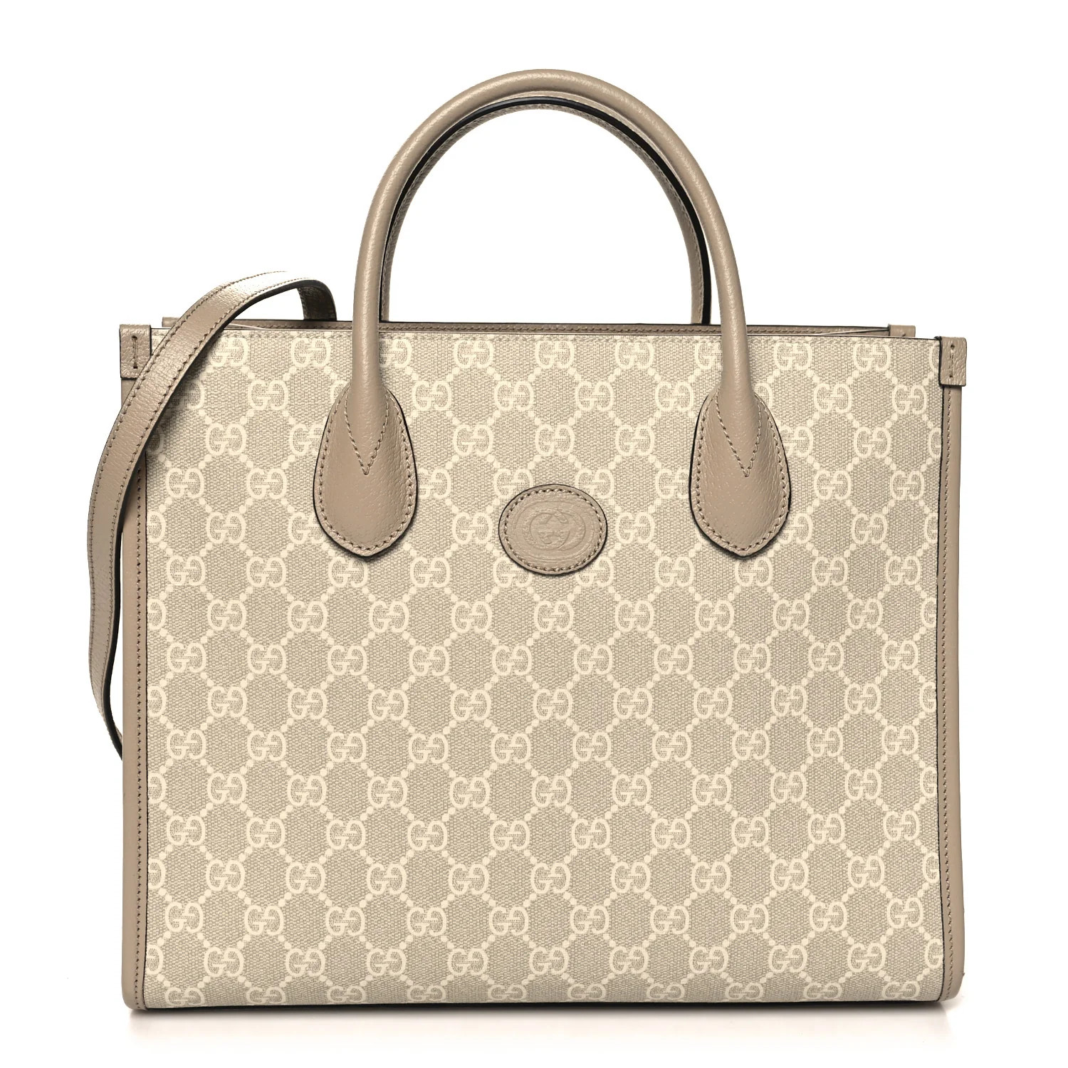 GG Supreme Monogram Textured Dollar Calfskin Small Retro Interlocking G Tote Bag Beige Mystic Whi... | FASHIONPHILE (US)