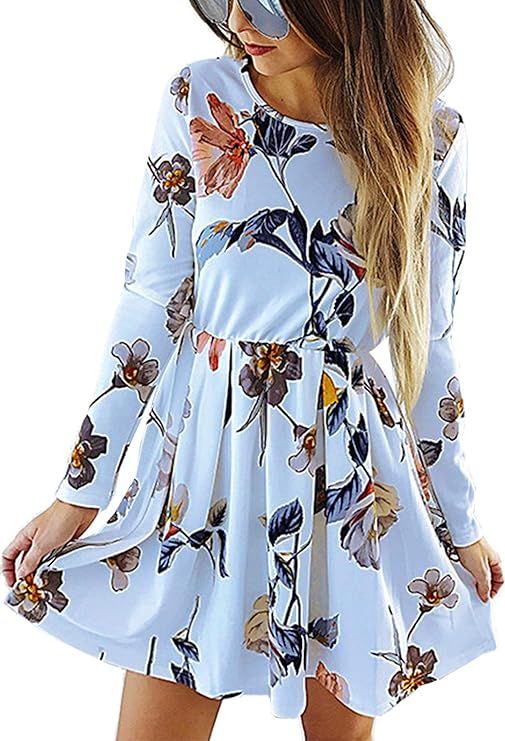 Angashion Womens Dresses Casual Floral Print Long Sleeve Swing Pleated Skater A Line Mini Dress | Amazon (US)