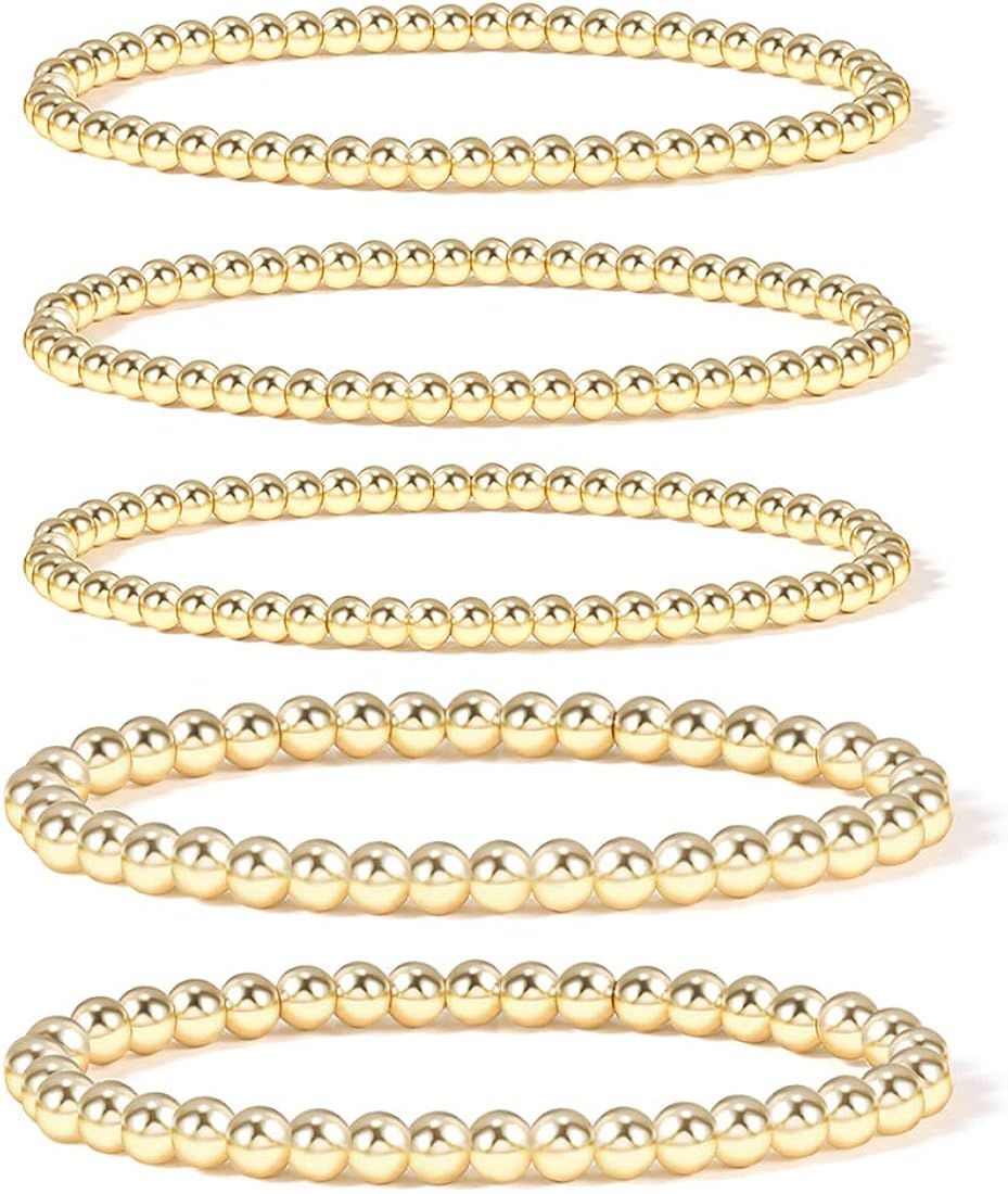 Gold Bead Bracelet for Women 14K Gold Plated Bead Ball Bracelet Stretchable Elastic Hypoallergeni... | Amazon (US)