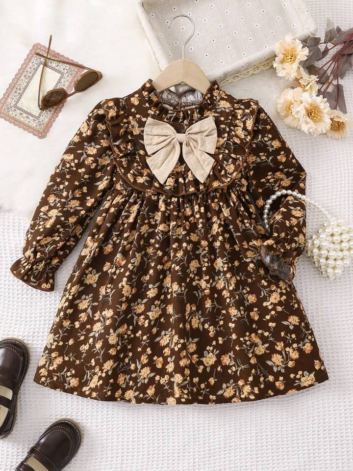 Young Girl Allover Floral Print Bow Front Flare Sleeve Dress | SHEIN