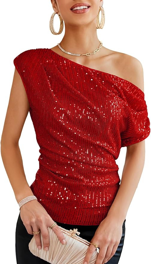 GRACE KARIN One Shoulder Sequin Sparkly Tops for Women Ruched Asymmetrical Glitter Tops Slimming ... | Amazon (US)