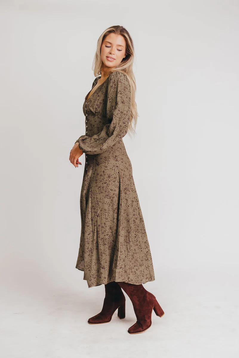 Brandi Long-Sleeve Button-Up Maxi Dress in Olive Floral | Worth Collective