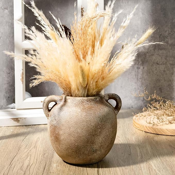 Rustic Ceramic Flower Vase with 2 Handles, Small Decorative Terracotta Boho Vase for Living Room,... | Amazon (US)
