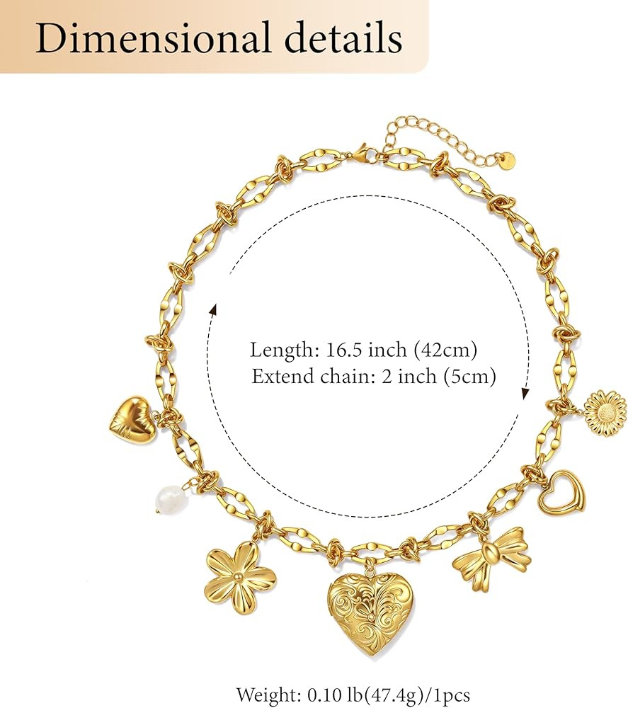 18K Chunky Gold Charm Necklace for Women,Heart Chain Bow Pendant Paperclip Necklace Summer Beach ... | Amazon (US)