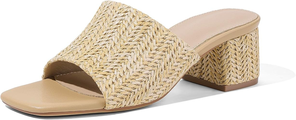MeiLuSi Raffia Heeled Sandals for Women Chunky Block Heeled Mules Summer | Raffia Slide Sandals, ... | Amazon (US)