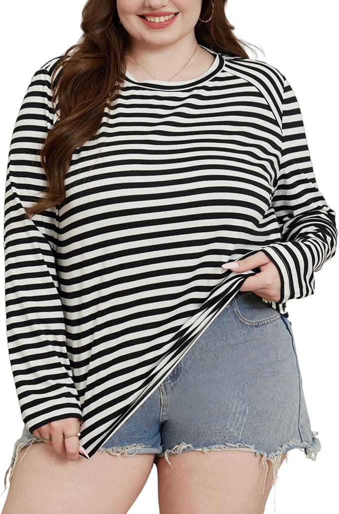 Plus Size Oversized Striped Sweatshirt for Women Casual Crewneck Long Sleeve Drop Shoulder Cotton... | Amazon (US)