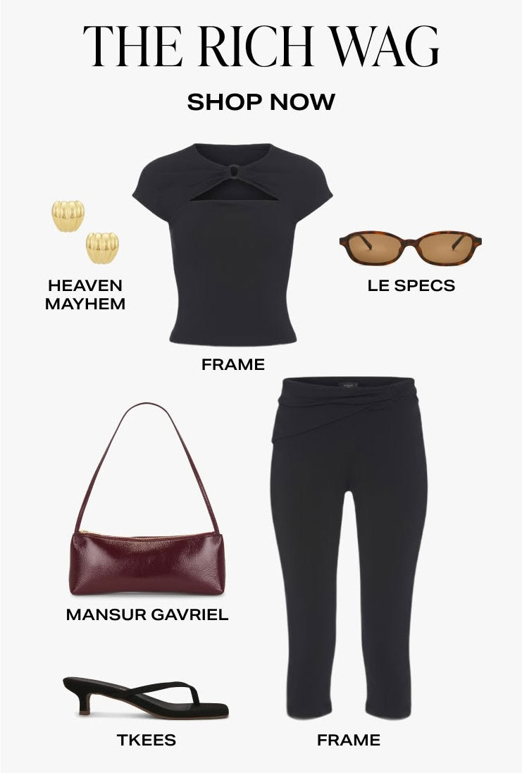 The rich WAG aesthetic is having a moment, and I'm here for it. 🤎 Think elevated basics, sleek silhouettes, luxe accessories, and timeless pieces you'll wear on repeat. This all-black look from Revolve pairs perfectly with statement gold jewelry, a rich burgundy shoulder bag, and chic kitten heels for an effortlessly expensive vibe.

Shop this outfit featuring Frame, Mansur Gavriel, Heaven Mayhem, Le Specs, and TKEES—all linked in my LTK.

#LTKStyleTip #LTKItBag #LTKSeasonal #Revolve #RichWifeAesthetic #QuietLuxury #OldMoneyStyle #LuxuryStyle #MinimalStyle #CapsuleWardrobe #NeutralStyle #EverydayLuxury #DesignerStyle #FrameDenim #MansurGabriel #HeavenMayhem #LeSpecs #TKEES #LuxuryFashion #FallStyle #DateNightOutfit #ChicStyle #EffortlessStyle #LuxuryWardrobe #BlackOutfitInspo 

 #LTKootd #LTKSaleAlert #LTKWorkwear