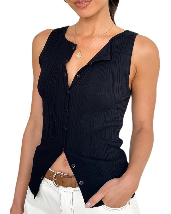 Women Button Down Tank Vest Casual Slim Fit Sleeveless Ribbed Knit Shirt Y2k Going Out Crewneck T... | Amazon (US)