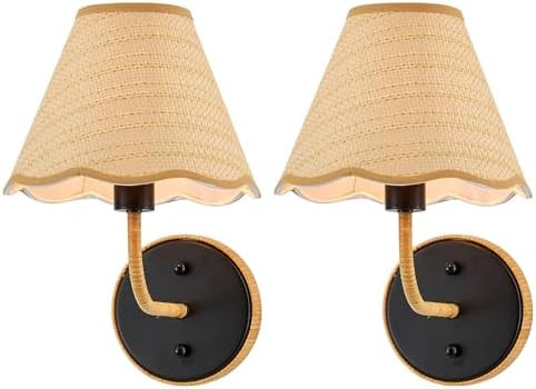 Elycucpa 11” Boho Hand Woven Rattan Wall Sconces Set of Two Rustic Industrial Wall Lamp Black F... | Amazon (US)