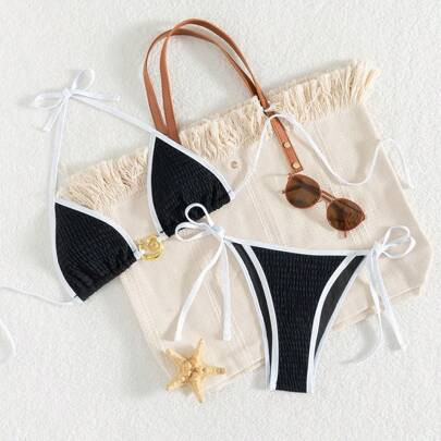 Women's Black&White Color Block Metal Accessory Halter Open Back Bikini Set Summer | SHEIN