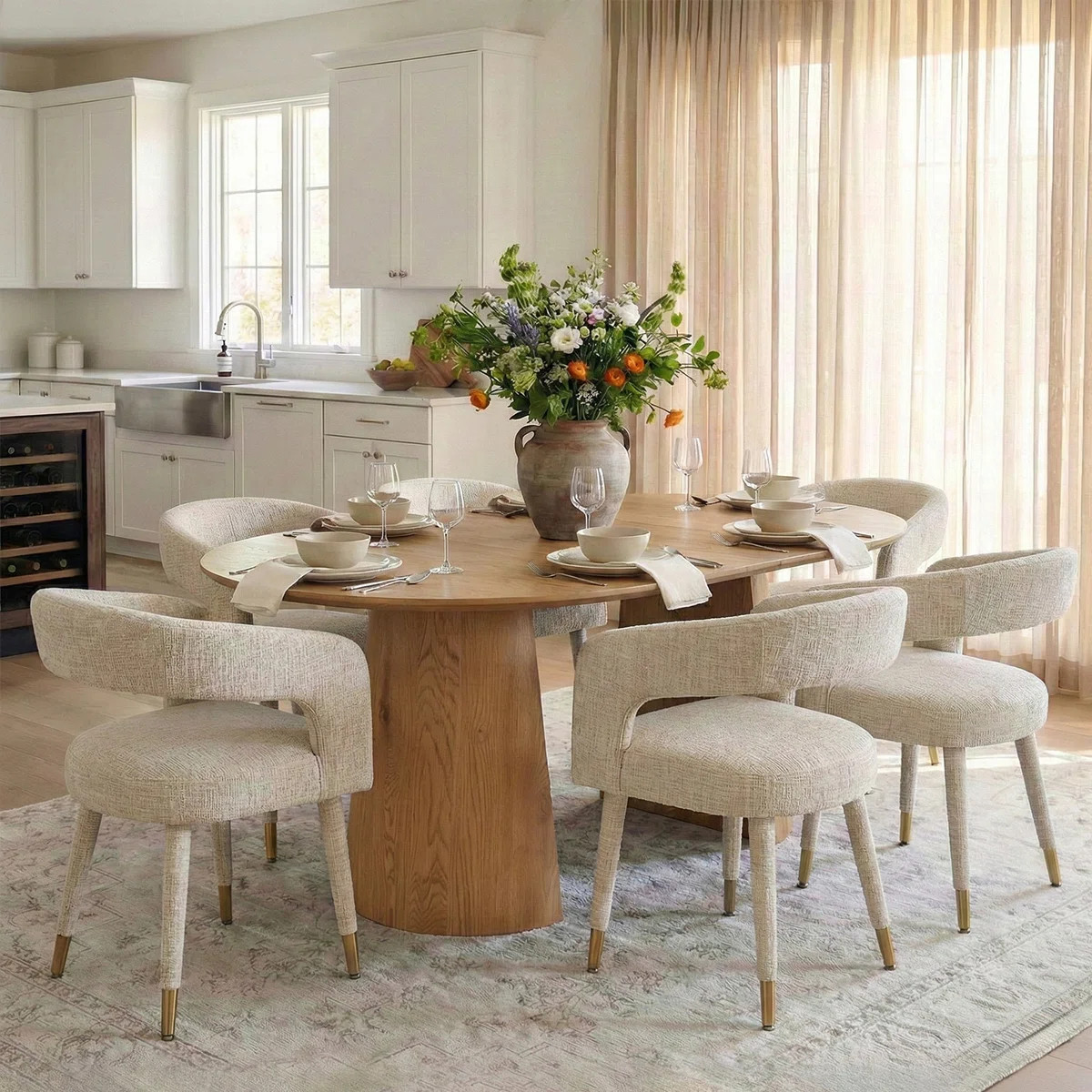 46"-83" Modern Extendable Pedestal Dining Table Set With Upholstered Open-Back Chairs, Round To Oval Kitchen Dining Set For 4-8 | Wayfair North America