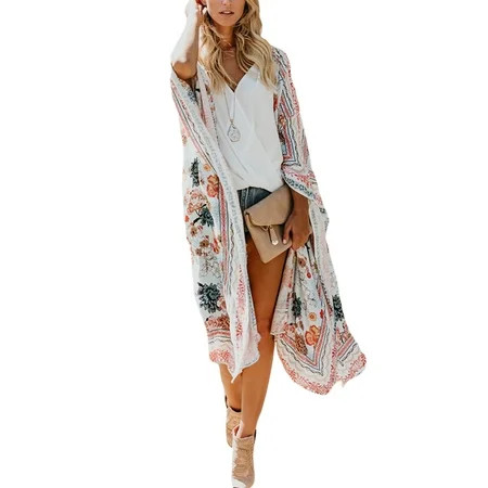 UKAP Summer Floral Print Beach Long Cardigan for Women Ruffle Sleeve Kimono Cardigans Chiffon Bikini | Walmart (US)