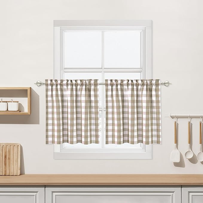 Beige Buffalo Plaid Cafe Curtains Farmhouse Tiers Kitchen Curtain 24 Inches Long, Flax Rustic Gin... | Amazon (US)