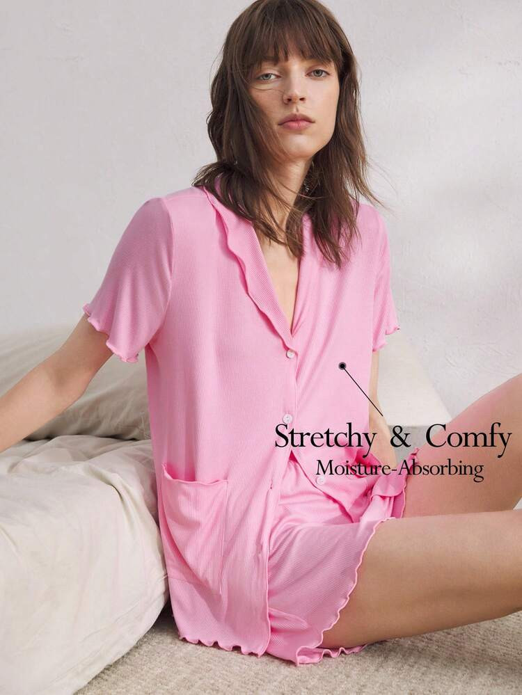 Ocili Soft Ribbed Contrast Color Ruffle Collar Short Sleeve & Shorts Pajama Set For Women | SHEIN