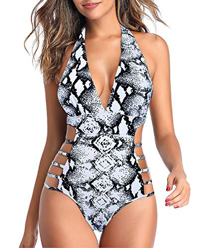 Tempt Me Women Sexy One Piece Swimsuits Plunge V Neck Halter Bathing Suits Cutout Monokini M | Amazon (US)